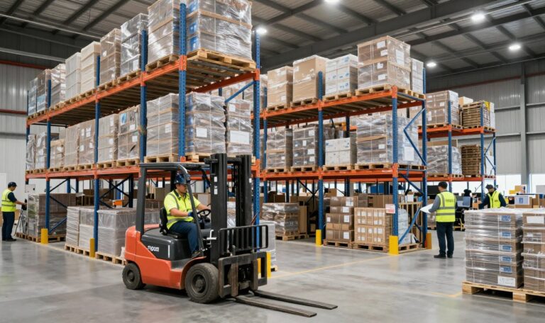 Entrepôt moderne avec équipements de manutention pour l'entreposage et manutention de marchandises