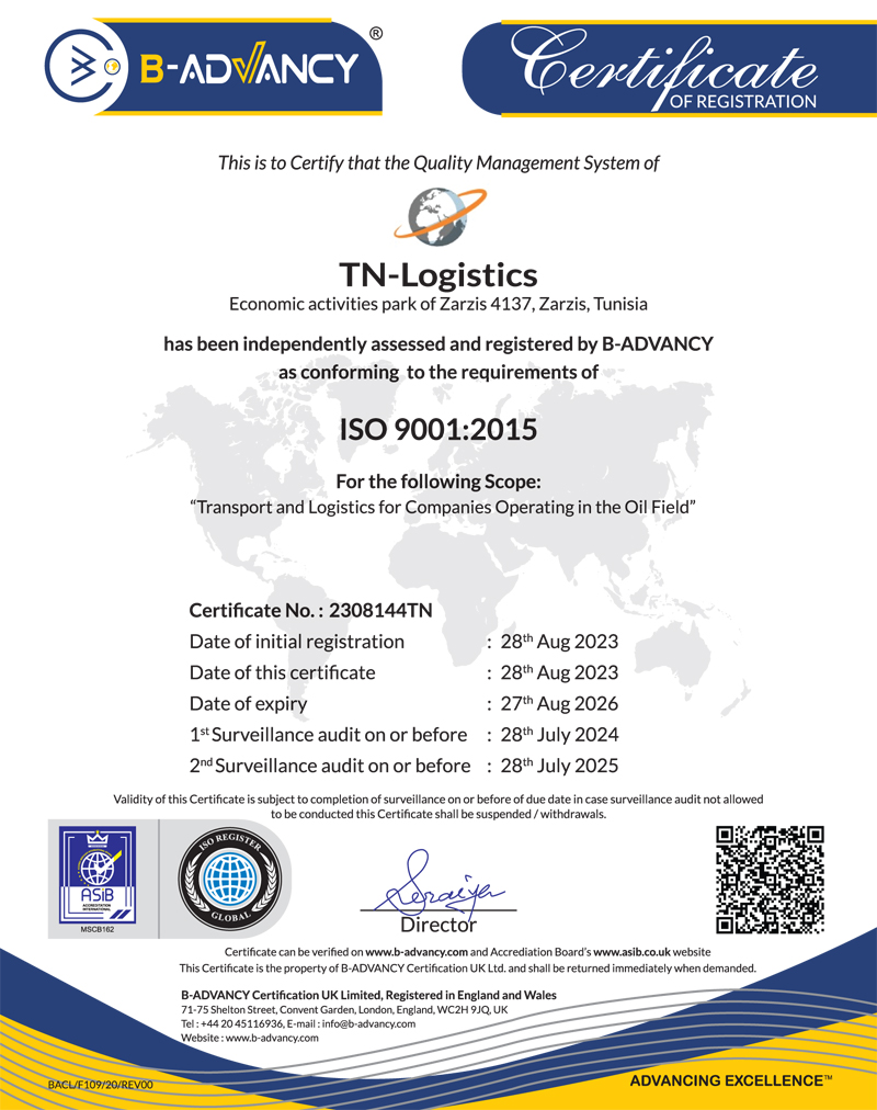 Certification ISO 9001:2015 de TN Logistics pour le système de management HSSE & Qualité (Qualité, Santé, Sécurité et Environnement)